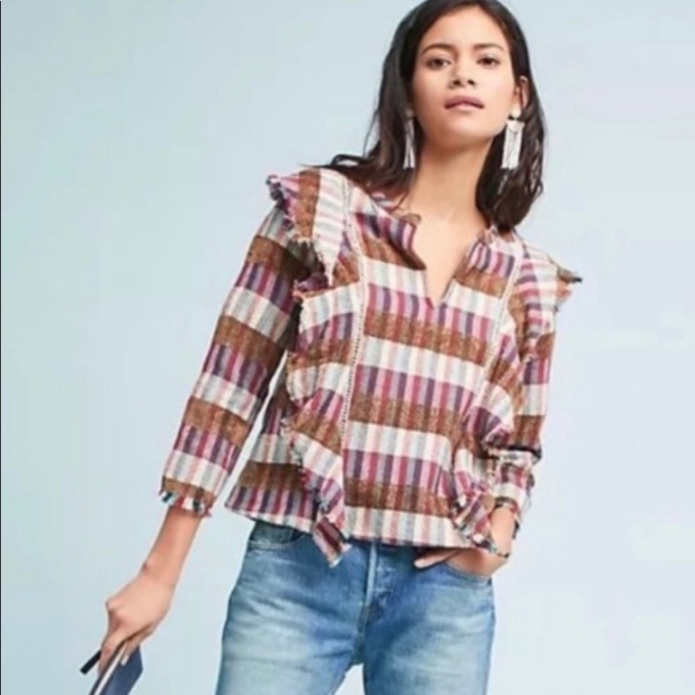 dRA Kelsey Plaid Fringe Ruffle Top Medium